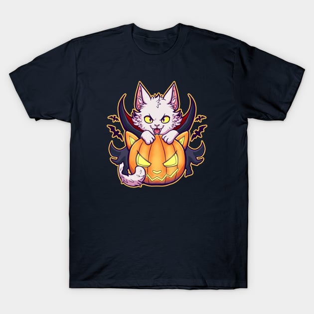 cute white cat wearing dracula costume with a halloween pumpkin T-Shirt by ISAGU ART STORE